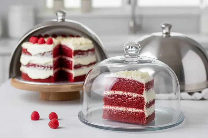 Eggless Red Velvet Cake Under Glass Dome | Blue Heaven Serving & Storage Tips Eggless red velvet cake with cream cheese frosting stored under a glass dome with fresh raspberries – Blue Heaven serving and storage guide