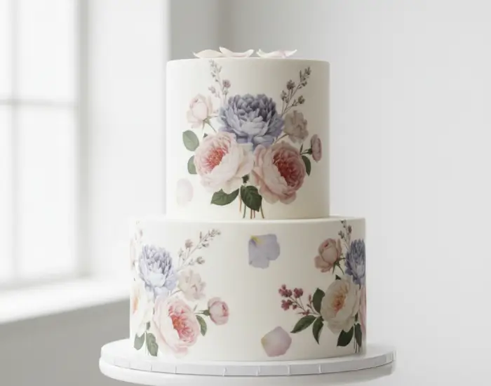 Printed floral edible art cake with pastel flowers on two tiers