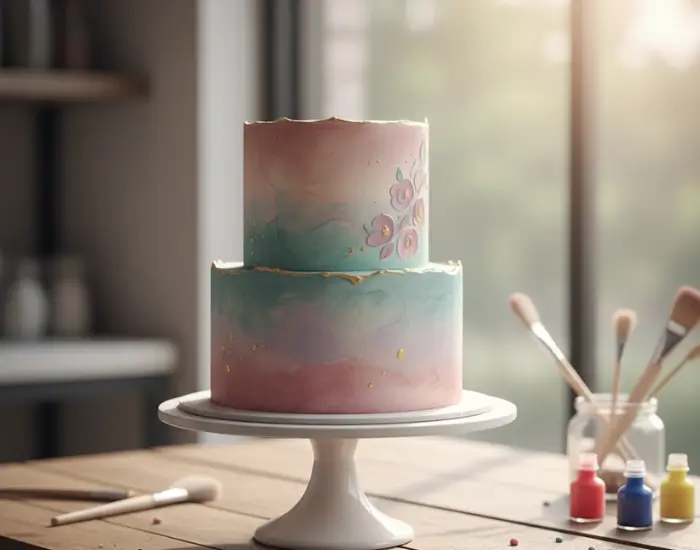 Watercolor-style two-tier cake with soft pastel shades and floral artwork