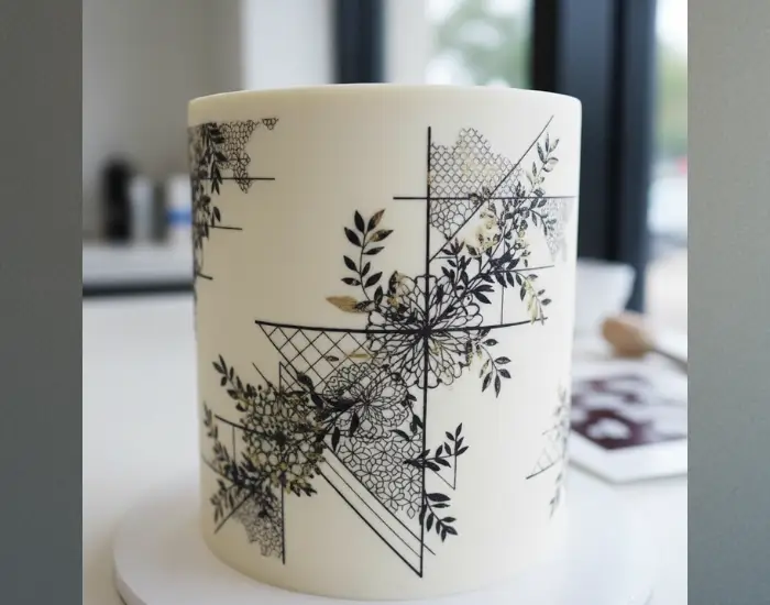 White cake with geometric floral edible tattoo artwork in black and gold