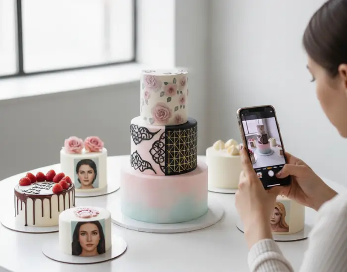 Assorted edible art cakes featuring printed florals, watercolor designs, geometric tattoos and photo cakes