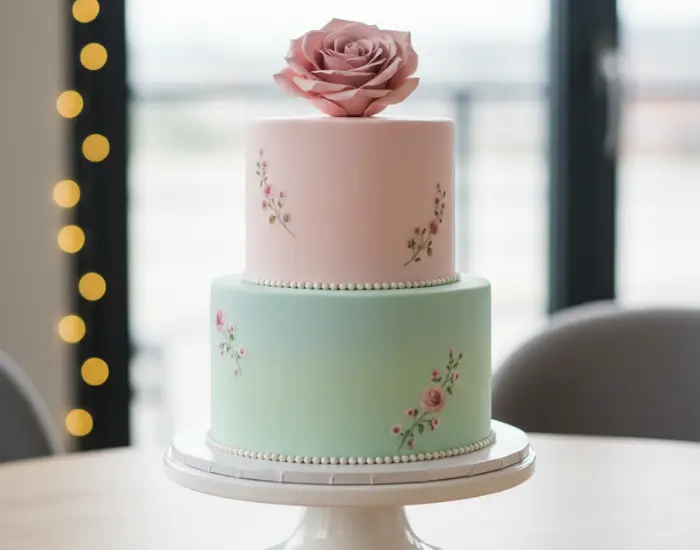 Soft floral pastel rose topper two-tier cake design
