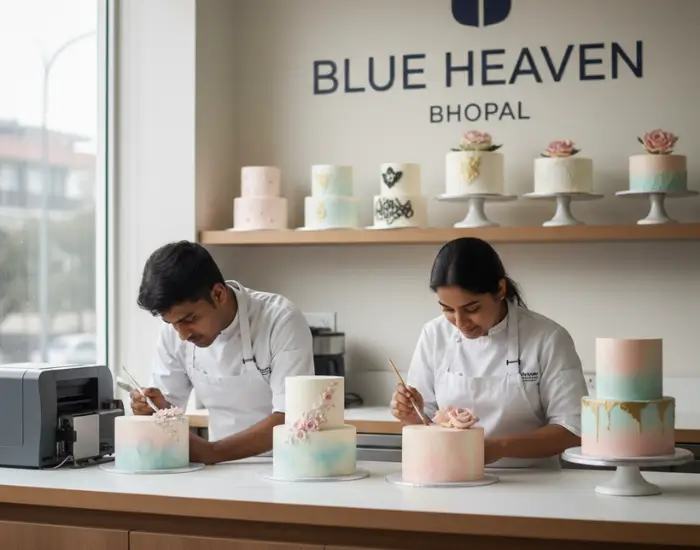 Blue Heaven cake artists working on edible art and printed floral cakes in Bhopal