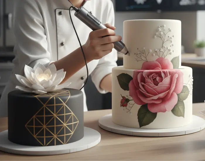 Cake artist decorating black geometric cake and floral edible art cake