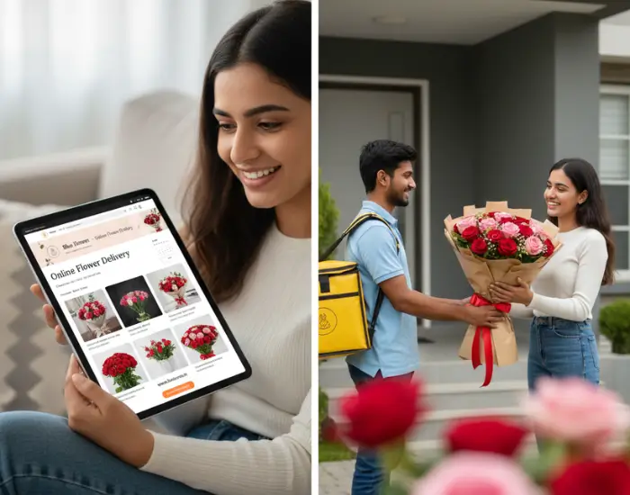 Woman choosing a flower bouquet online and receiving roses delivered to her doorstep