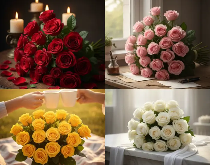 Fresh rose bouquets in red, pink, and yellow for gifting