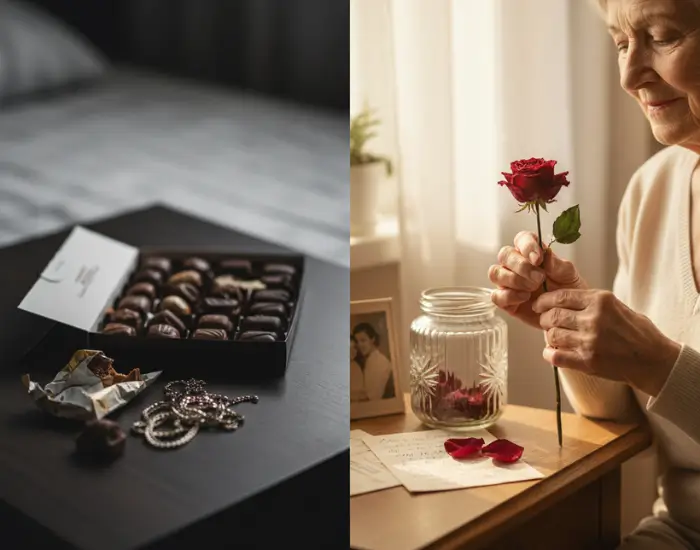 A single red rose being cherished, compared to chocolates and material gifts