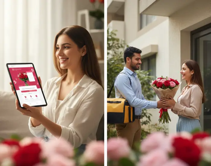 Woman ordering a rose bouquet online and receiving flower delivery at her doorstep