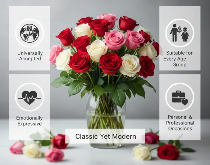 Rose bouquet symbolizing universal acceptance and emotional expression for all occasions