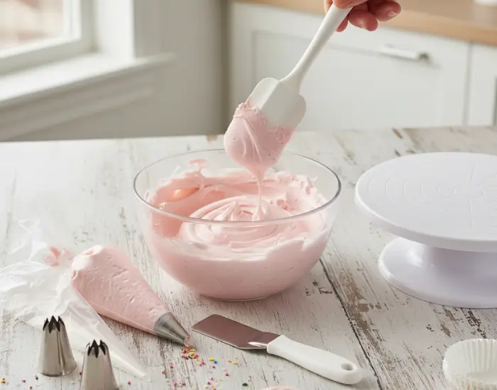 Preparing smooth pink frosting for perfect rosettes - Blue Heaven tutorial