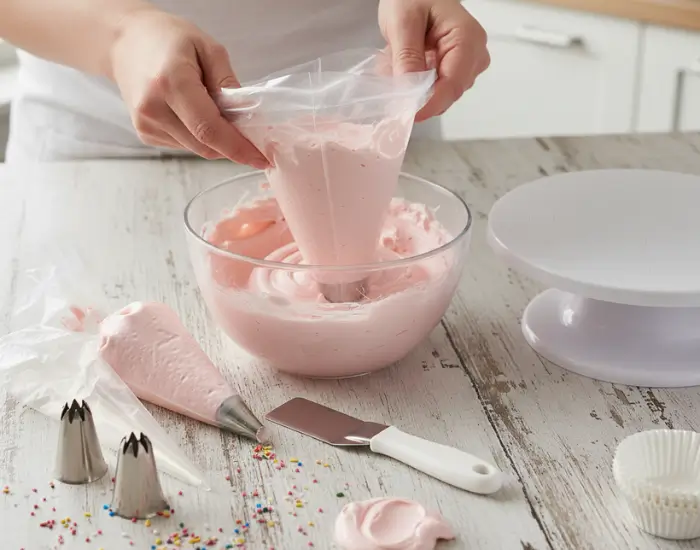 Filling the piping bag with pink frosting for rosette decoration - Blue Heaven tutorial
