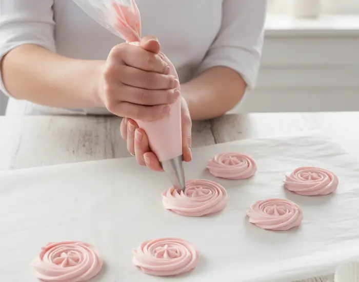 Practicing rosette piping technique with pink frosting on parchment paper - Blue Heaven tutorial