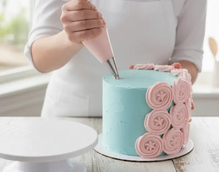 Piping pink rosettes on a blue frosted cake step by step - Blue Heaven tutorial
