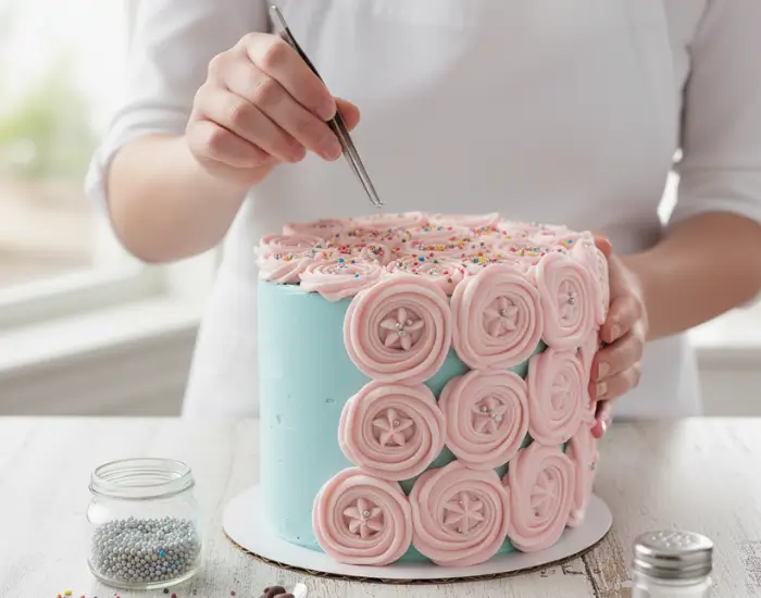 Adding final decorative touches to a blue rosette cake with sprinkles - Blue Heaven tutorial