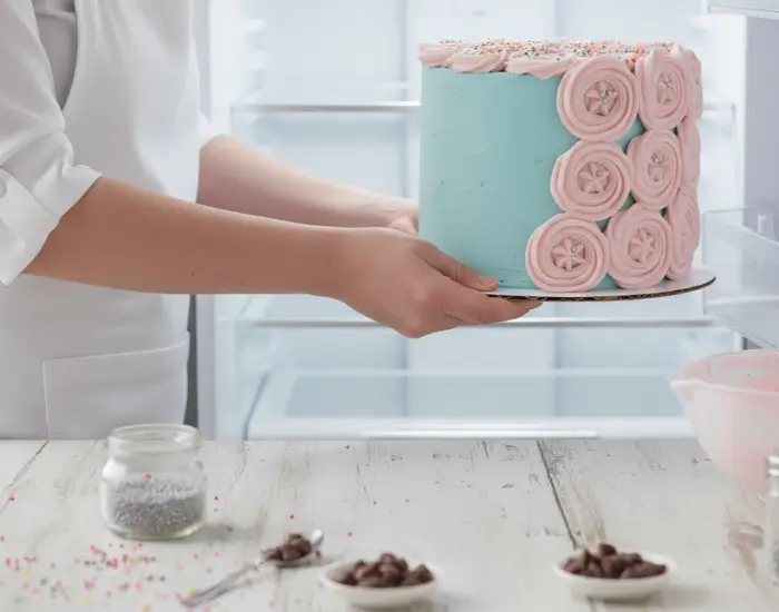 Blue Heaven baker holding a chilled rosette cake to set frosting properly - cake delivery in Bhopal