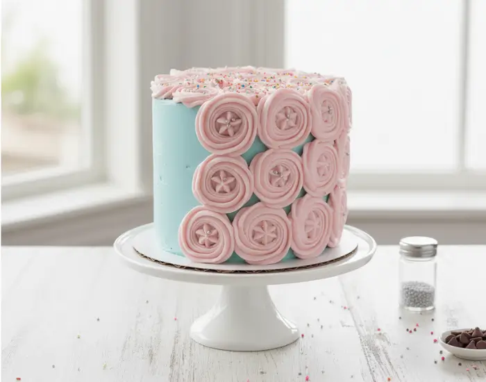 Blue rosette cake decorated with pink frosting swirls on a white stand - Blue Heaven tutorial