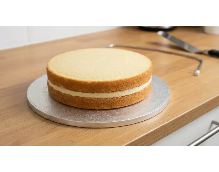 Preparing the Cake for Fondant Covering – Step 1 Leveled sponge cake with buttercream filling placed on a cake board for fondant covering