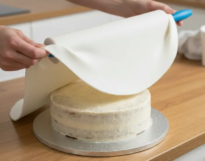 Draping the Rolled Fondant Over the Cake – Step 5 Hands lifting and draping a rolled fondant sheet over a chilled crumb-coated cake