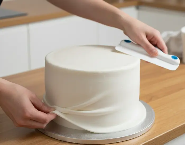 Smoothing the Fondant on the Sides of the Cake – Step 7 Hands gently smoothing the fondant around the sides of the cake to remove folds and creases