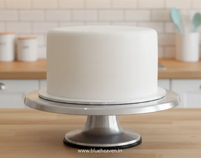 Perfectly Finished Fondant-Covered Cake on a Turntable A smooth, fully fondant-covered cake placed on a turntable, showing a clean and polished finish
