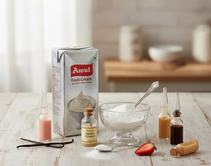 Ingredients for Making Whipped Cream at Home Amul fresh cream and vanilla essence used for homemade whipped cream