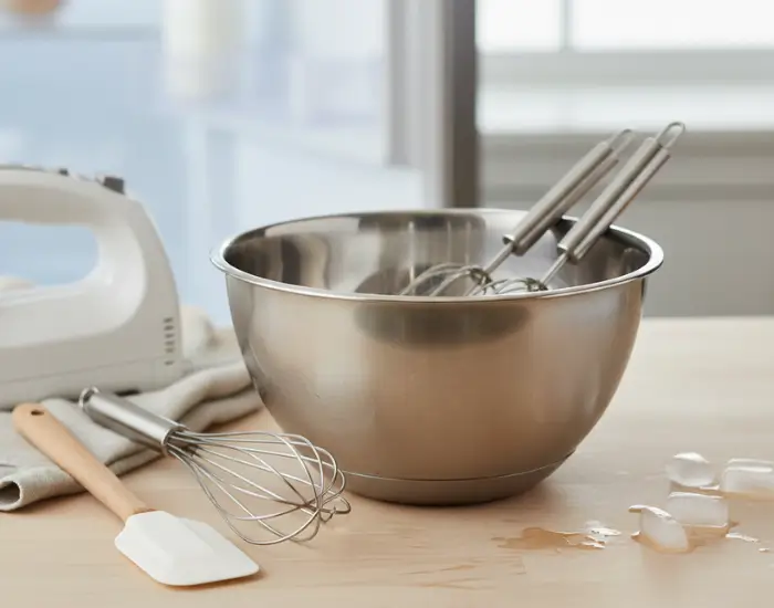 Tools Required to Make Whipped Cream at Home Electric beater, whisk and mixing bowl used for preparing whipped cream