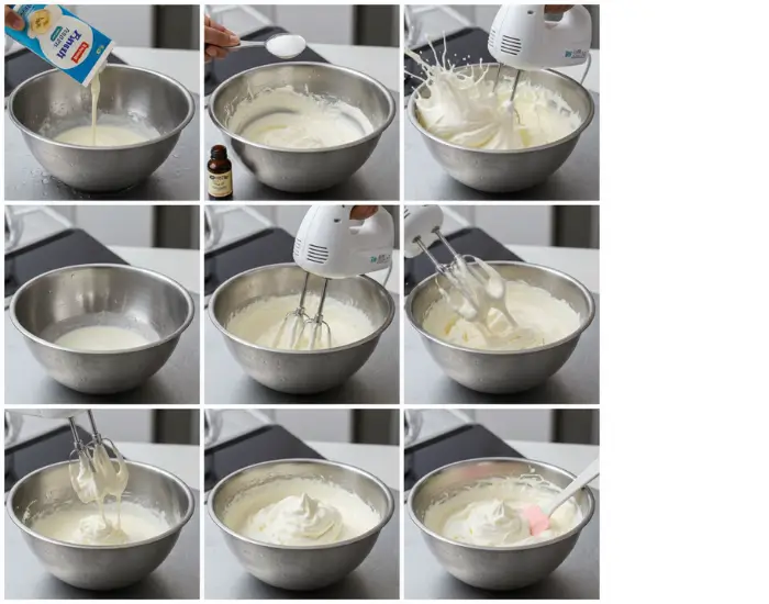 Step-by-Step Process of Making Whipped Cream at Home Sequence of whipping cream step-by-step from pouring to achieving stiff peaks