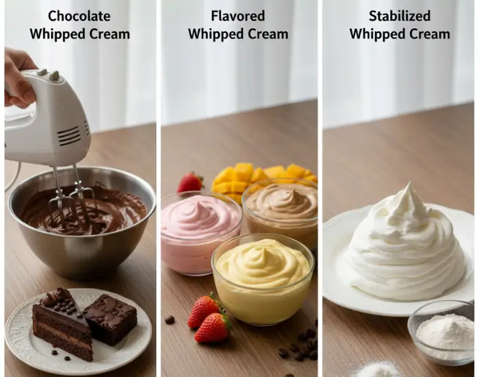 Different Variations of Homemade Whipped Cream Chocolate and flavored whipped cream variations prepared in bowls