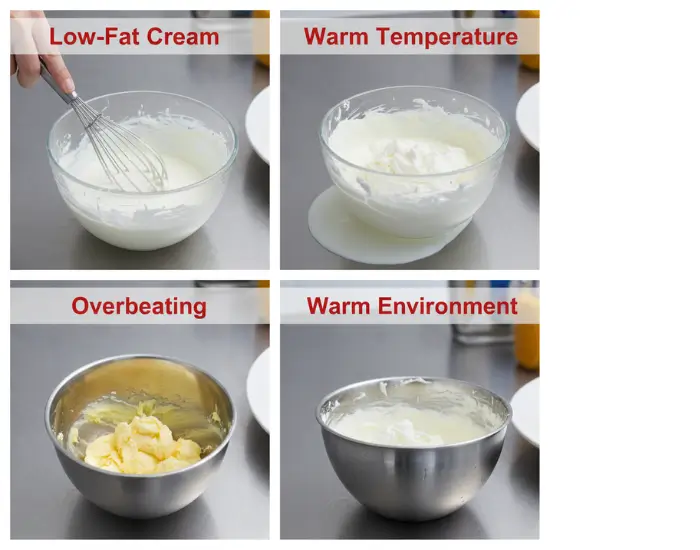 Common Mistakes to Avoid While Making Whipped Cream Examples of common mistakes in whipping cream such as low-fat cream, overbeating and warm temperature