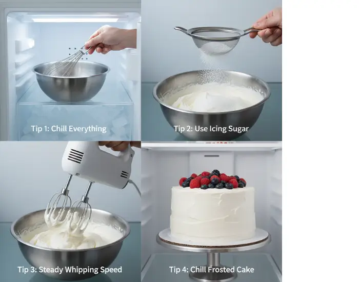 Professional Tips for Perfect Whipped Cream Results Tips for making whipped cream including chilling tools, using icing sugar and maintaining a steady whipping speed
