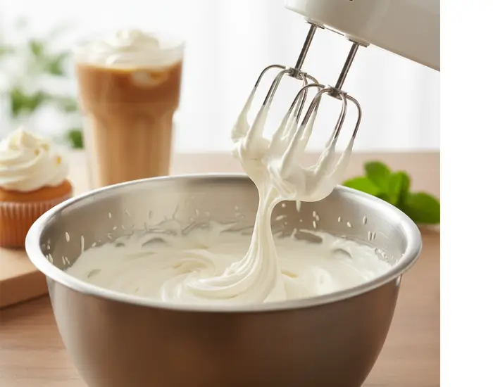 Perfect Whipped Cream Texture for Cakes and Desserts Whipped cream with stiff peaks ready to use for cakes and desserts