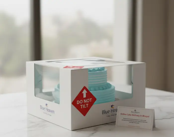 cake packed in a Blue Heaven box with a do not tilt warning label for safe delivery