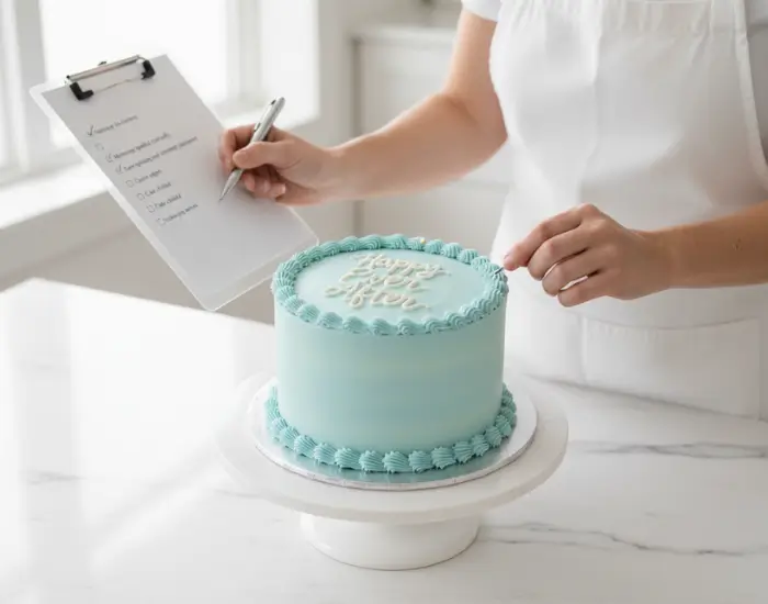 baker checking a written checklist next to a decorated blue cake before delivery