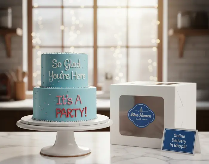 two-tier blue celebration cake with neatly written messages displayed with cake box