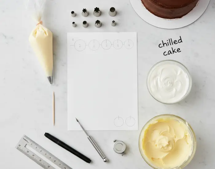 piping bag ruler marker scriber tool and parchment sheet used for writing messages on cakes