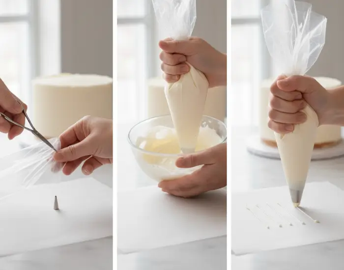 hands preparing a piping bag and filling it with icing for writing messages on cakes