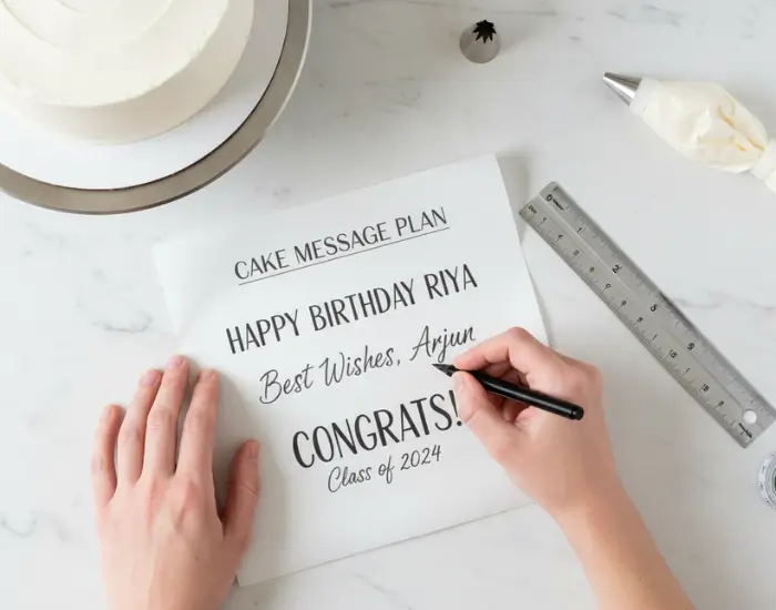 hands creating a cake message plan on paper with phrases like happy birthday and congratulations