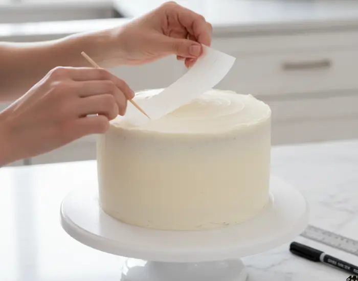 hands placing a parchment strip and using a toothpick to mark spacing guides on a cake