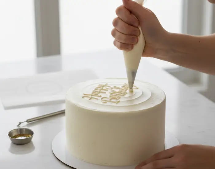 hand piping “Happy Birthday” message on a white frosted cake
