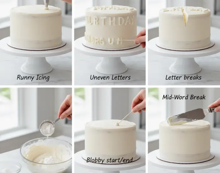 examples of runny icing, uneven letters and blobby starts on cakes