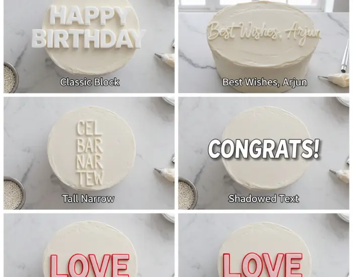 examples of classic block, modern script, tall narrow and other cake lettering styles
