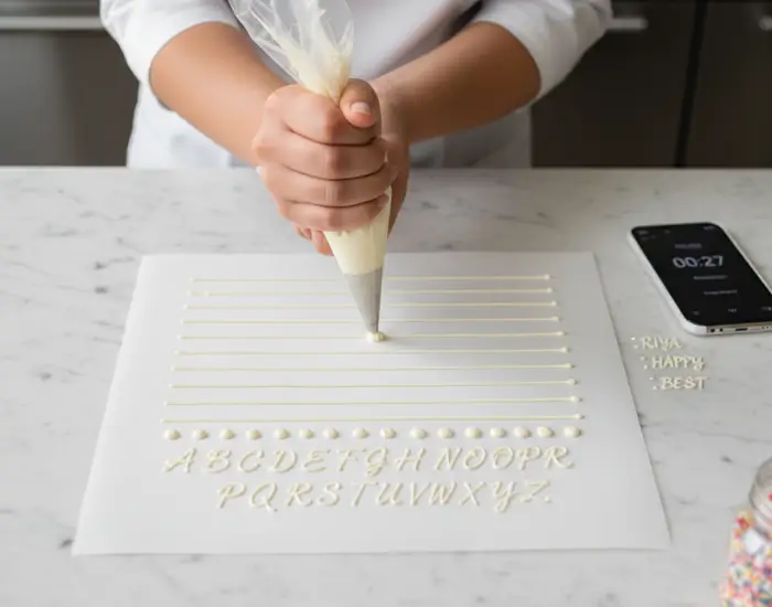 hand practicing straight lines and alphabet piping on parchment for cake lettering