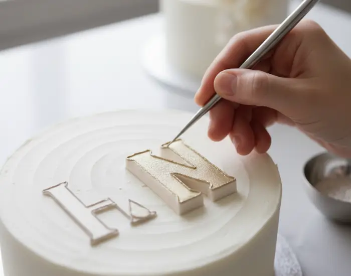 hand refining block letter design on a white frosted cake